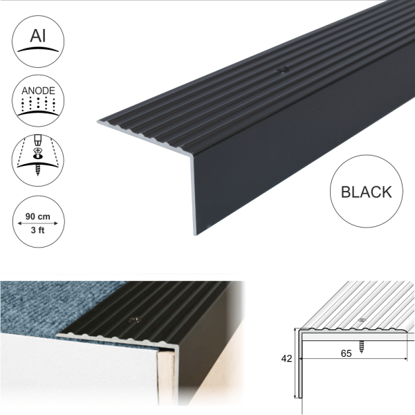 A32 65 x 42mm Anodised Aluminium Non Slip Ribbed Treads Stair Nosing Edge Trim - Image 3