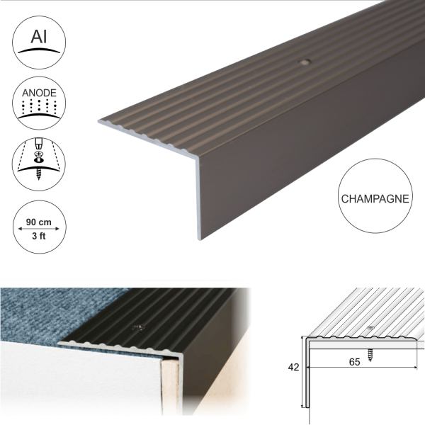 A32 65 x 42mm Anodised Aluminium Non Slip Ribbed Treads Stair Nosing Edge Trim - Image 9