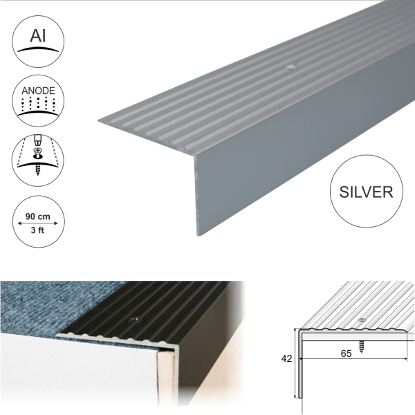 A32 65 x 42mm Anodised Aluminium Non Slip Ribbed Treads Stair Nosing Edge Trim - Image 18