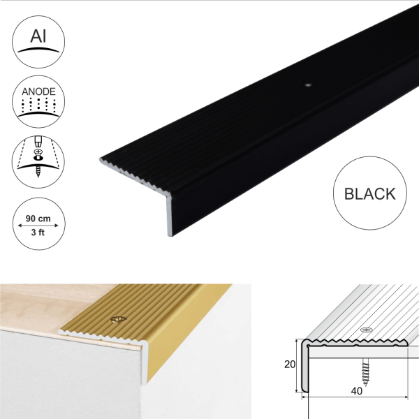 A33 40 x 20mm Anodised Aluminium Non Slip Ribbed Treads Stair Nosing Edge Trim - Image 3