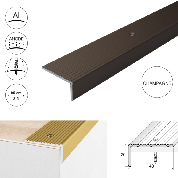 A33 40 x 20mm Anodised Aluminium Non Slip Ribbed Treads Stair Nosing Edge Trim - Image 5