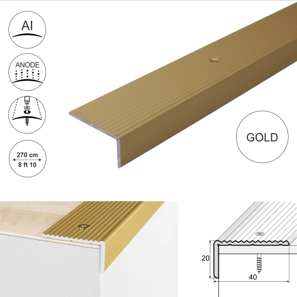 A33 40 x 20mm Anodised Aluminium Non Slip Ribbed Treads Stair Nosing Edge Trim - Image 7