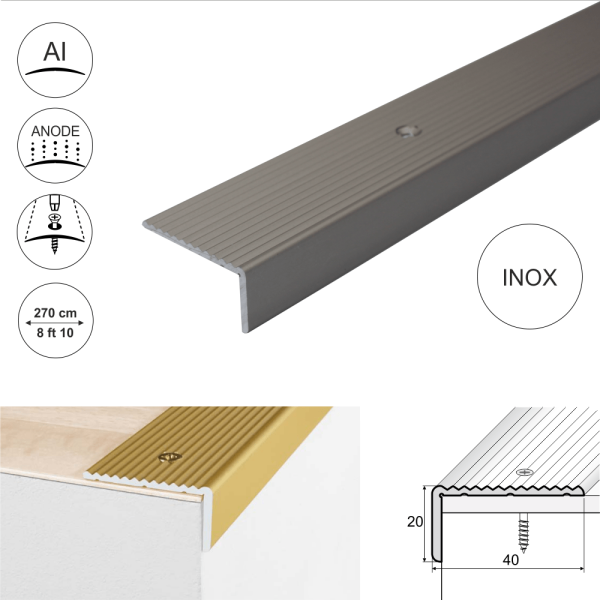 A33 40 x 20mm Anodised Aluminium Non Slip Ribbed Treads Stair Nosing Edge Trim - Image 9