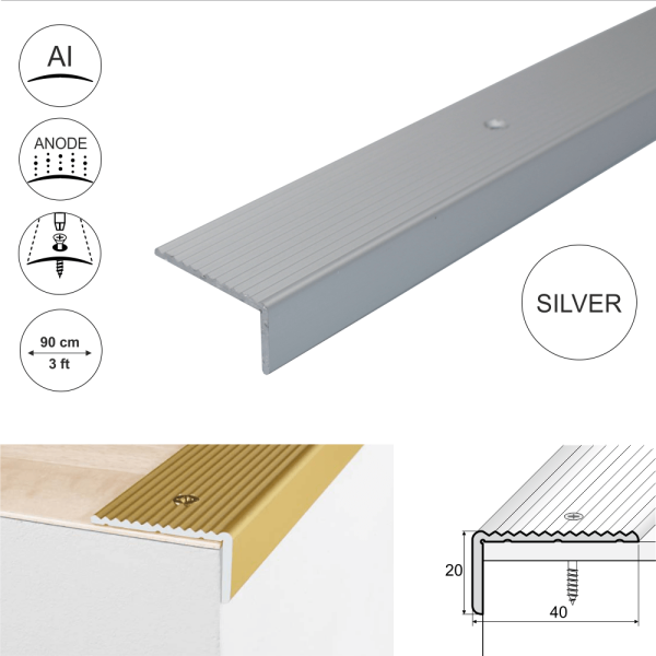 A33 40 x 20mm Anodised Aluminium Non Slip Ribbed Treads Stair Nosing Edge Trim - Image 10