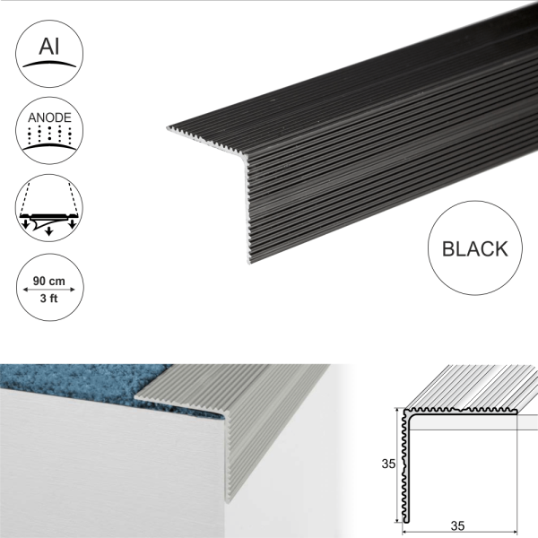 A34 35 x 35mm Anodised Aluminium Self Adhesive Non Slip Ribbed Treads Stair Nosing Edge Trim - Image 3