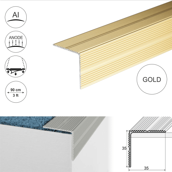 A34 35 x 35mm Anodised Aluminium Self Adhesive Non Slip Ribbed Treads Stair Nosing Edge Trim - Image 6