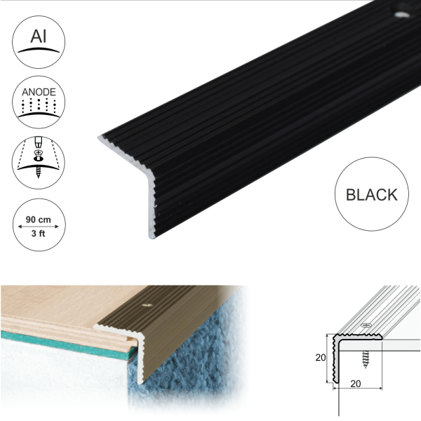 A35 20 x 20mm Anodised Aluminium Non Slip Ribbed Treads Stair Nosing Edge Trim - Image 3