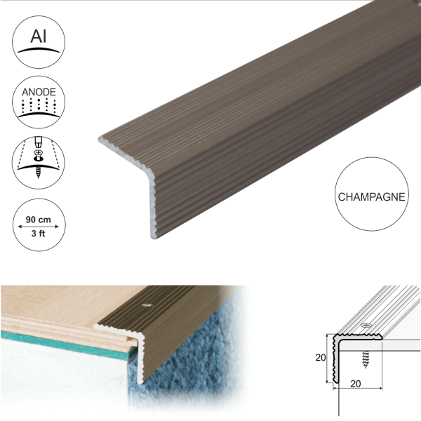 A35 20 x 20mm Anodised Aluminium Non Slip Ribbed Treads Stair Nosing Edge Trim - Image 5