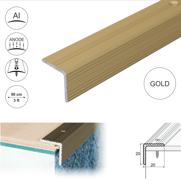 A35 20 x 20mm Anodised Aluminium Non Slip Ribbed Treads Stair Nosing Edge Trim - Image 7