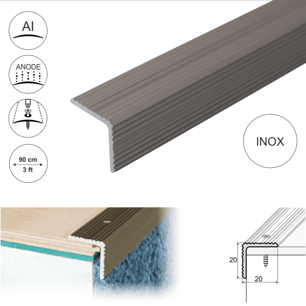 A35 20 x 20mm Anodised Aluminium Non Slip Ribbed Treads Stair Nosing Edge Trim - Image 9