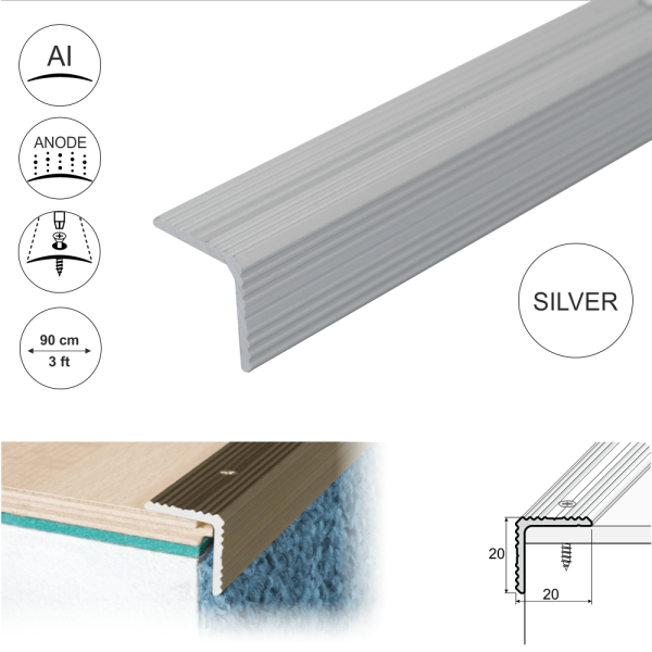 A35 20 x 20mm Anodised Aluminium Non Slip Ribbed Treads Stair Nosing Edge Trim - Image 11