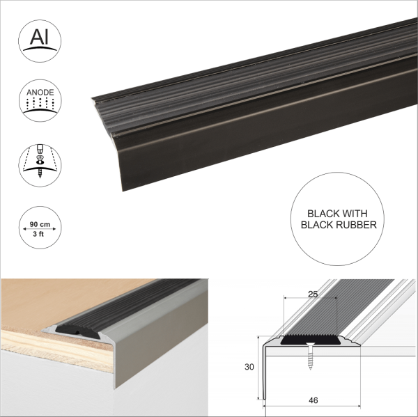 15 Pack Black A38 0.9m x 46mm x 30mm Screw Fit Anodised Aluminium Non Slip Stair Nosing With Black Rubber