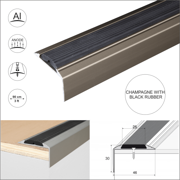 A38 46 x 30mm Anodised Aluminium Non Slip Rubber Stair Nosing Edge Trim - Image 6