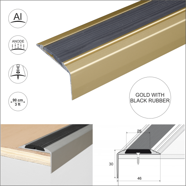 A38 46 x 30mm Anodised Aluminium Non Slip Rubber Stair Nosing Edge Trim - Image 9