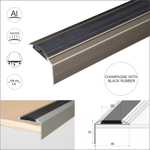 A38 46 x 30mm Anodised Aluminium Self Adhesive Non Slip Rubber Stair Nosing Edge Trim - Image 5