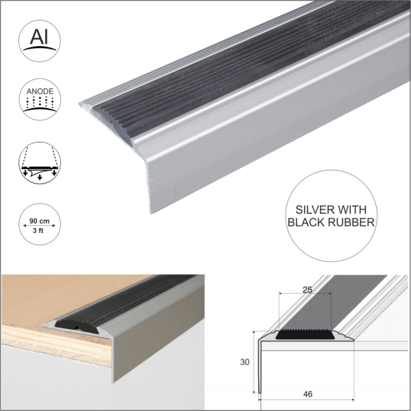 A38 46 x 30mm Anodised Aluminium Self Adhesive Non Slip Rubber Stair Nosing Edge Trim - Image 8