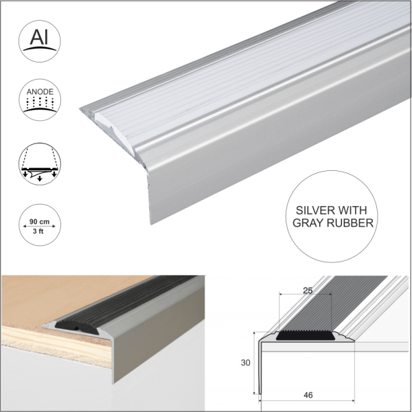 A38 46 x 30mm Anodised Aluminium Self Adhesive Non Slip Rubber Stair Nosing Edge Trim - Image 10