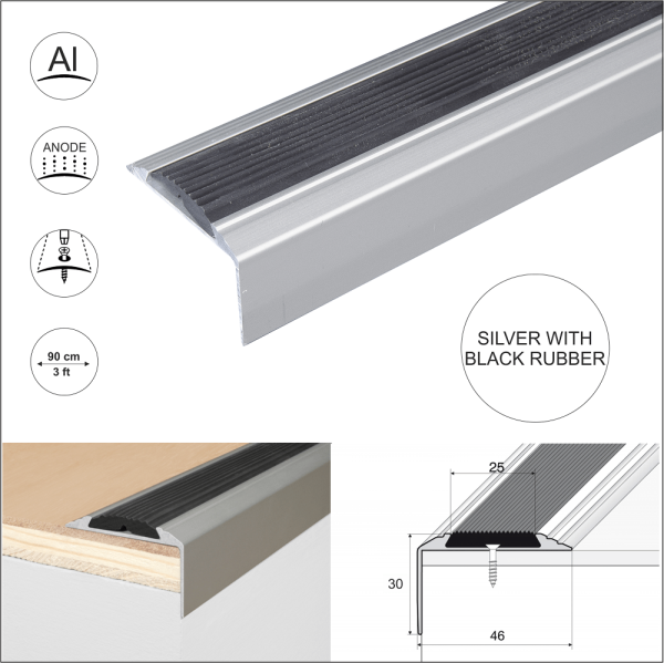 A38 46 x 30mm Anodised Aluminium Non Slip Rubber Stair Nosing Edge Trim - Image 12