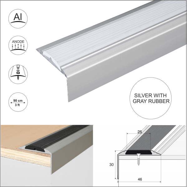 A38 46 x 30mm Anodised Aluminium Non Slip Rubber Stair Nosing Edge Trim - Image 15