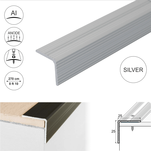 A40 25 x 25mm Anodised Aluminium Non Slip Ribbed Treads Stair Nosing Edge Trim - Image 6