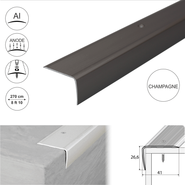 A42 41 x 26.6mm Anodised Aluminium Non Slip Ribbed Treads Stair Nosing Edge Trim - Image 7