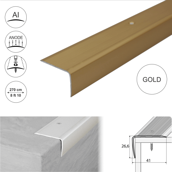 A42 41 x 26.6mm Anodised Aluminium Non Slip Ribbed Treads Stair Nosing Edge Trim - Image 9