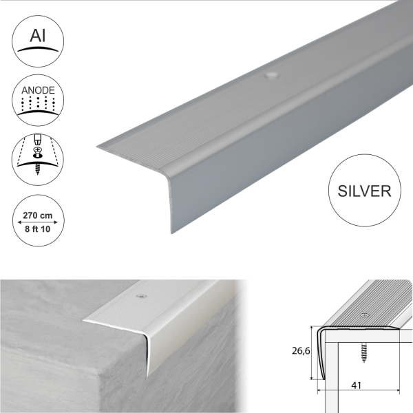 A42 41 x 26.6mm Anodised Aluminium Non Slip Ribbed Treads Stair Nosing Edge Trim - Image 13