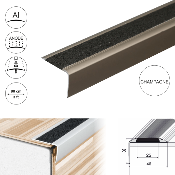 A44 41 x 26.6mm Anodised Aluminium Non Slip Stair Nosing Edge Trim With Tape - Image 4