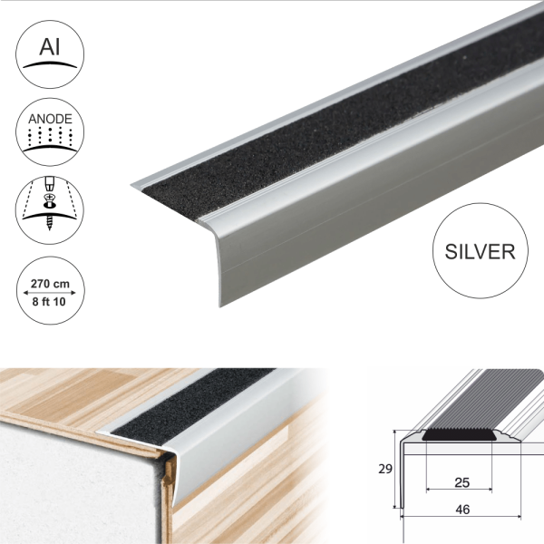 A44 41 x 26.6mm Anodised Aluminium Non Slip Stair Nosing Edge Trim With Tape - Image 10