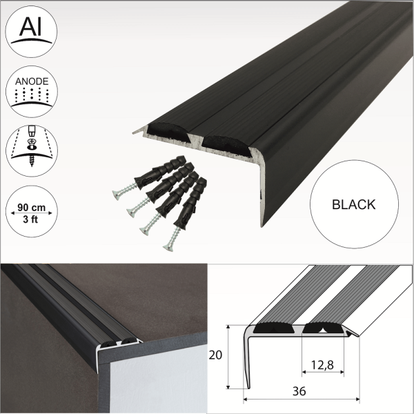 A37 36 x 20mm Anodised Aluminium Non Slip Rubber Stair Nosing Edge Trim With Inserts - Image 3