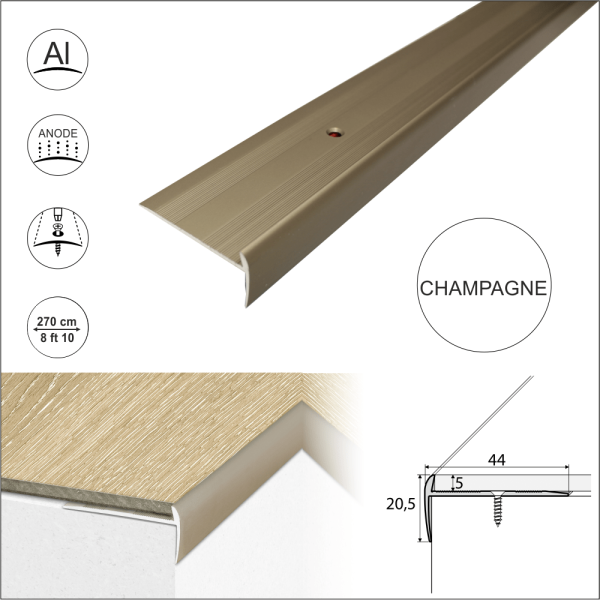 C27 44 x 20.5mm Anodised Aluminium LVT Stair nosing Edge Profile For 5mm Flooring - Image 5