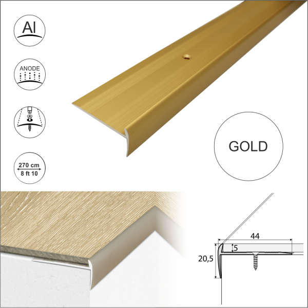 C27 44 x 20.5mm Anodised Aluminium LVT Stair nosing Edge Profile For 5mm Flooring - Image 7