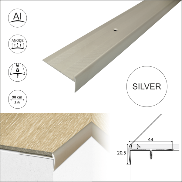 C27 44 x 20.5mm Anodised Aluminium LVT Stair nosing Edge Profile For 5mm Flooring - Image 8