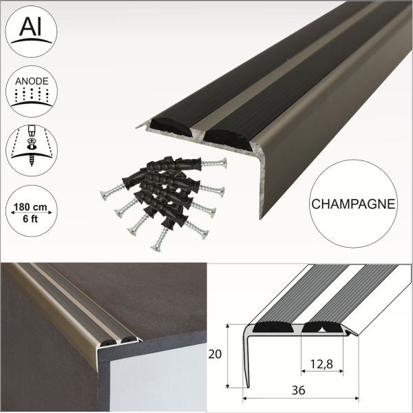 A37 36 x 20mm Anodised Aluminium Non Slip Rubber Stair Nosing Edge Trim With Inserts - Image 6