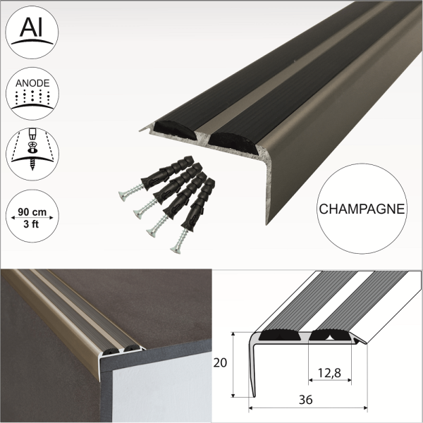 A37 36 x 20mm Anodised Aluminium Non Slip Rubber Stair Nosing Edge Trim With Inserts - Image 5