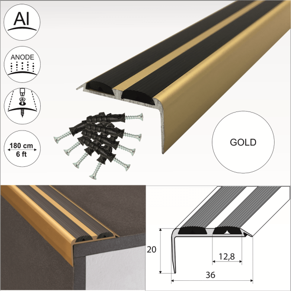 A37 36 x 20mm Anodised Aluminium Non Slip Rubber Stair Nosing Edge Trim With Inserts - Image 8