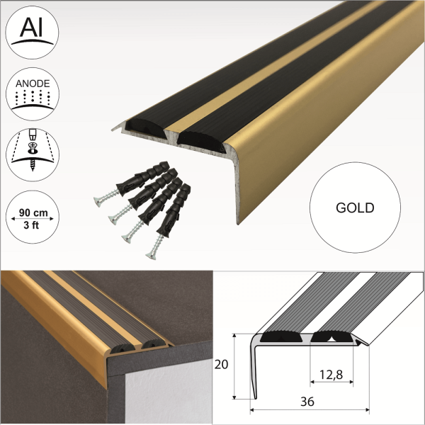 A37 36 x 20mm Anodised Aluminium Non Slip Rubber Stair Nosing Edge Trim With Inserts - Image 7