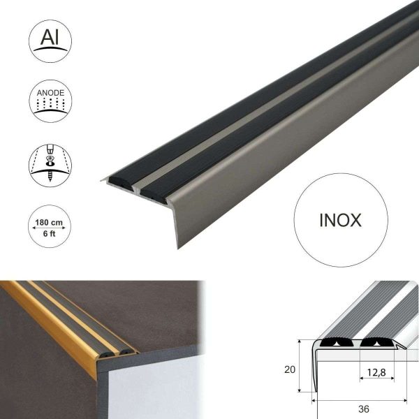 A37 36 x 20mm Anodised Aluminium Non Slip Rubber Stair Nosing Edge Trim With Inserts - Image 10