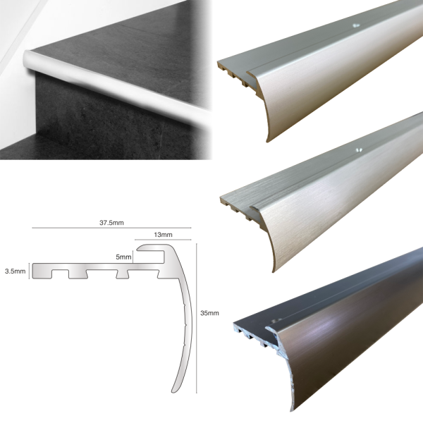 TVB 37.5 x 35mm Anodised Aluminium Bull Nose LVT Stair nosing Edge Profile For 5mm Flooring