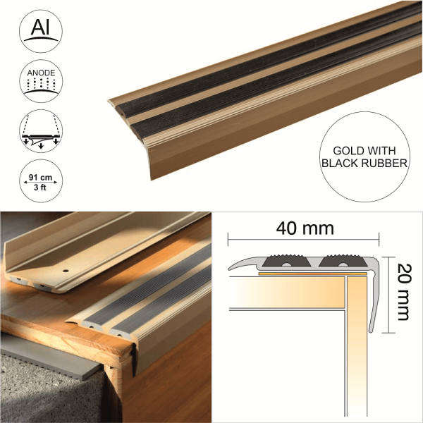 SA11 40 x 20mm Anodised Aluminium Self Adhesive Non Slip Rubber Stair Nosing Edge Trim With Insert - Image 3