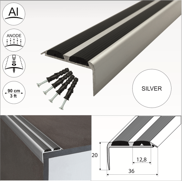 A37 36 x 20mm Anodised Aluminium Non Slip Rubber Stair Nosing Edge Trim With Inserts - Image 12